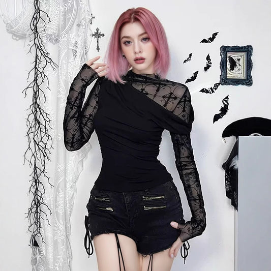 Womens Lace Bodycon Patchwork Hollow Long-Sleeve Top