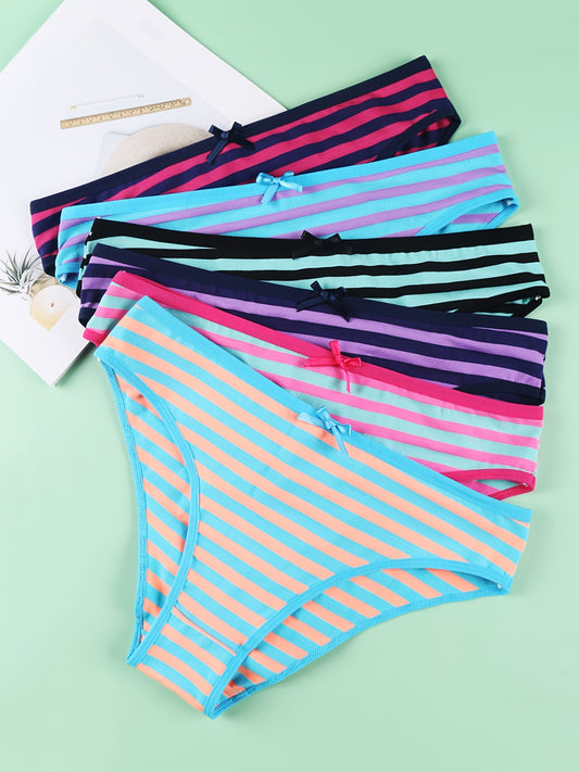 6pcs Women's Low-Rise Briefs Underwear - Elegant Striped Bikini Panties with Bow Detail, Soft Stretch Comfort, Hand Wash Only, Assorted Colors (Black, Pink, Blue, Gray, Purple, Beige), Everyday Underwear | Elegant Bow Detail