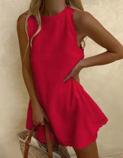 Cotton Hemp Solid Color Embroidered Ruffled Women's Dress
