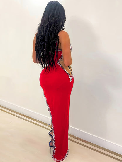 Women'S Sexy Rhinestone Long Dress, Asymmetrical Hem, Slingback, Sleeveless, Strapless Collar, Bodycon Knit Fabric, Polyester 95% Spandex 5% - All-Season Party Wear