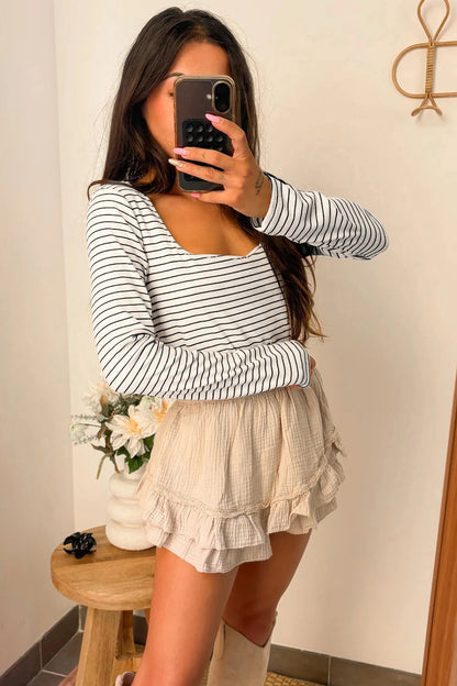 Women's Striped Slim-fit U-neck Long-sleeve Top