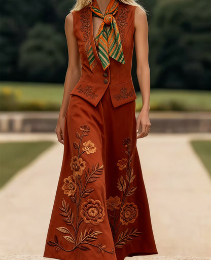 Women's Sleeveless Suit Collar Button-down Casual Skirt Suit