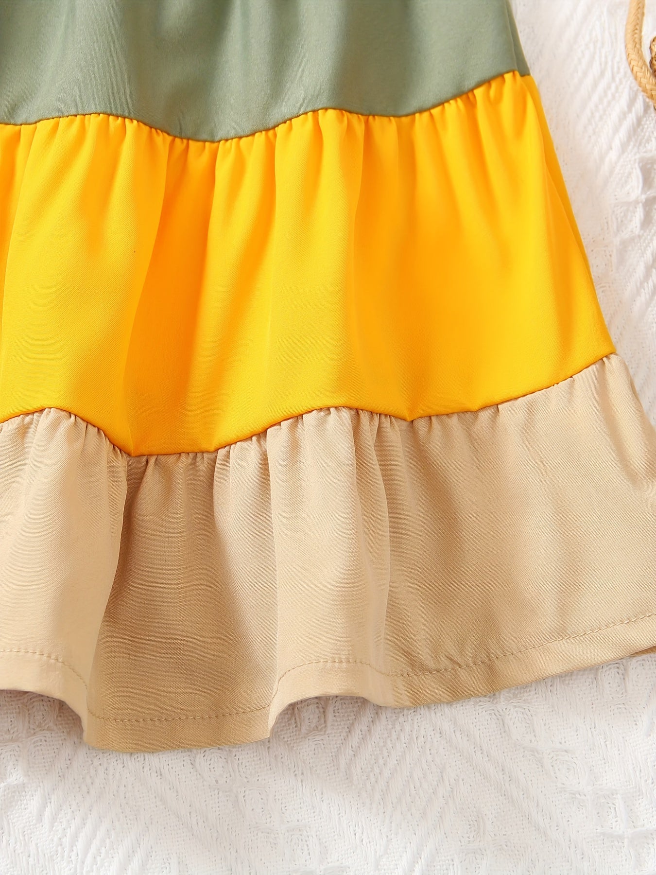 Girls' Spaghetti Strap Color-Blocked Rainbow Cake Dress - Perfect for Outdoor Occasions.