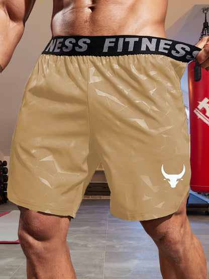 Men's "S's FINE" Athletic Shorts - Gray, Quick-Dry Polyester with Geometric Pattern, Elastic Waistband, Ideal for Running & Workouts, Machine Washable