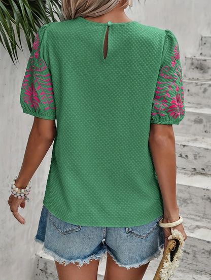 Women's Casual Embroidered Crew-Neck Fashion Shirt