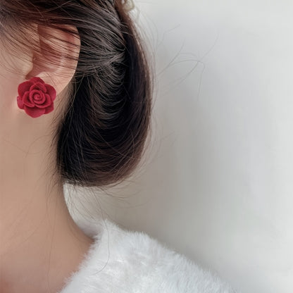 Red Rose Flower Velvet Stud Earrings High-end Retro Ear Decoration Jewelry For Women