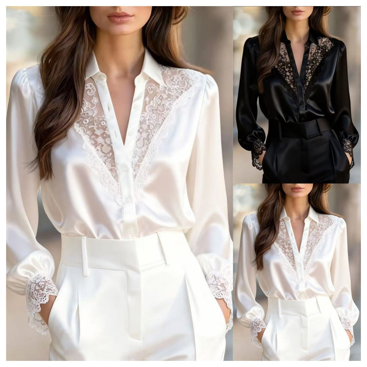 Women's Solid-Color Niche Lace V-Neck Puff-Sleeve Shirt