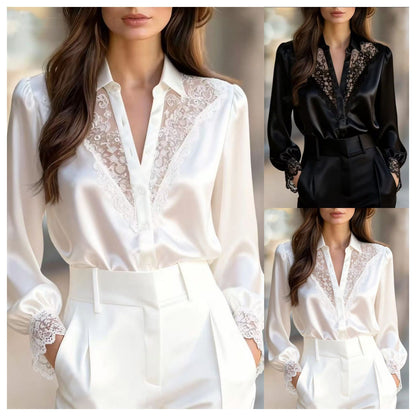Women's Solid-Color Niche Lace V-Neck Puff-Sleeve Shirt