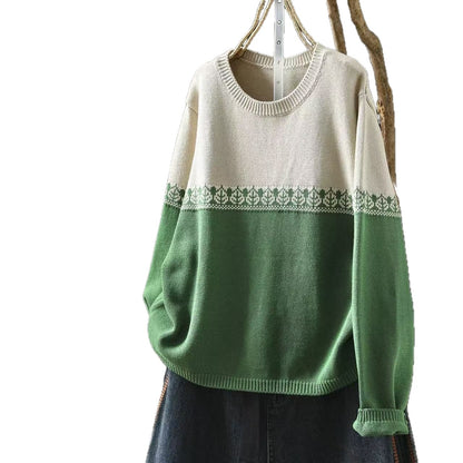 Crew-neck Preppy-style Cotton Knit Sweater Loose And Casual