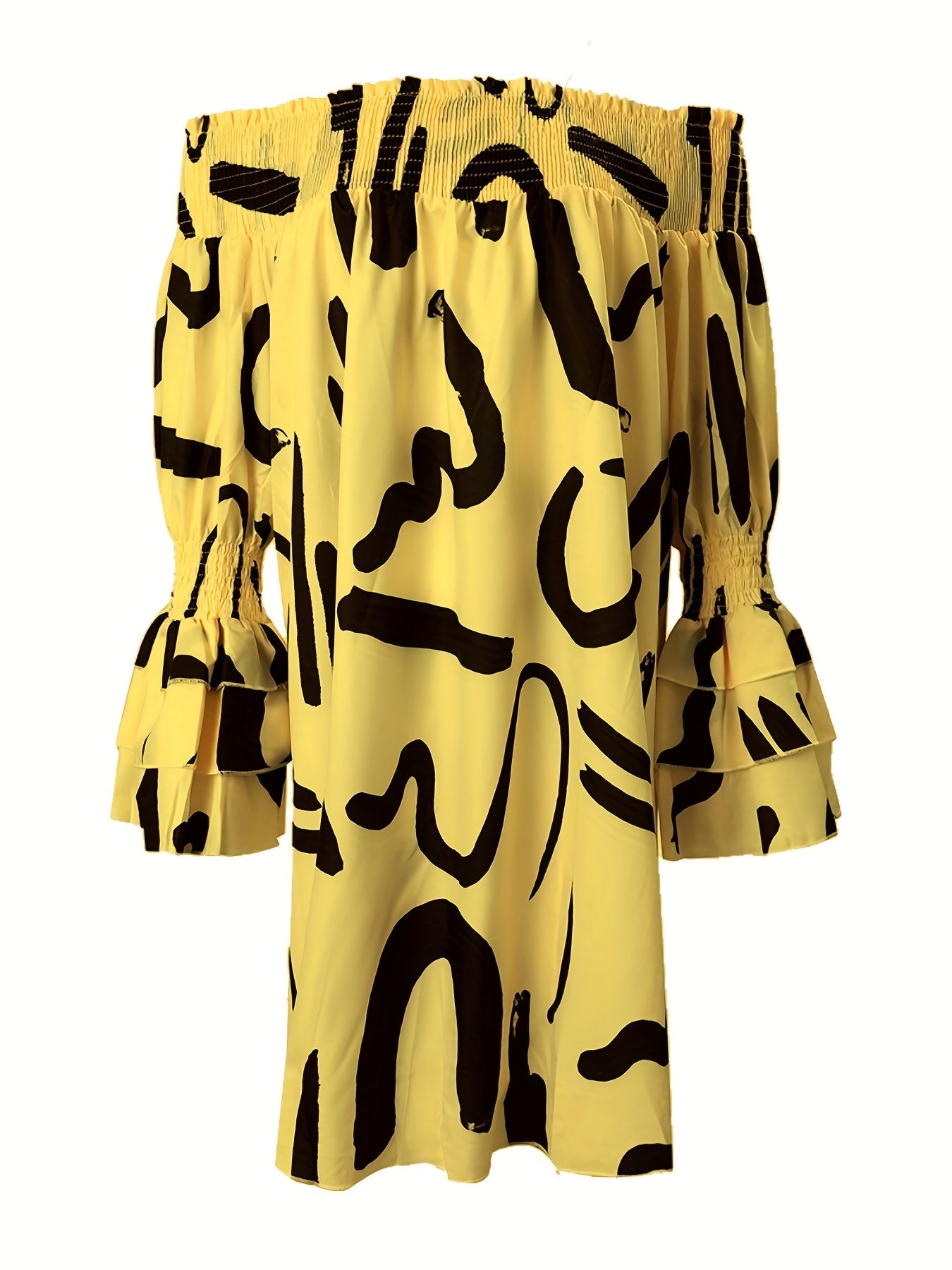 Off Shoulder Letter Print Dress - Casual Long Sleeve Women's Dress | Michan Direct