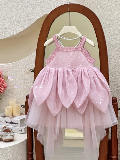 Girl's Summer Flower Strap Dress Children's Super Fairy Petal French High-end Birthday Princess