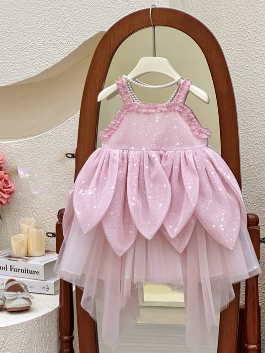 Girl's Summer Flower Strap Dress Children's Super Fairy Petal French High-end Birthday Princess