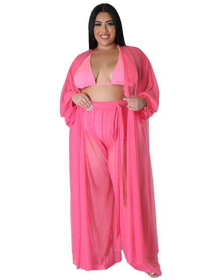Women's Solid-Color Batwing-Sleeve Sexy Sheer Top And Pants Plus-Size Two-Piece Set