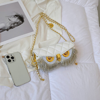 Women's Fashion Rhombus Tassel Owl-shaped Shoulder Chain Bag