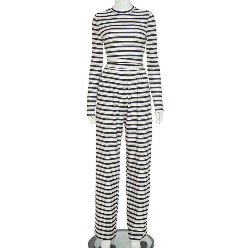 Round Neck Striped Long Sleeve Straight-leg Trousers Suit Women
