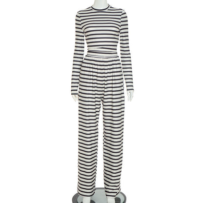 Round Neck Striped Long Sleeve Straight-leg Trousers Suit Women