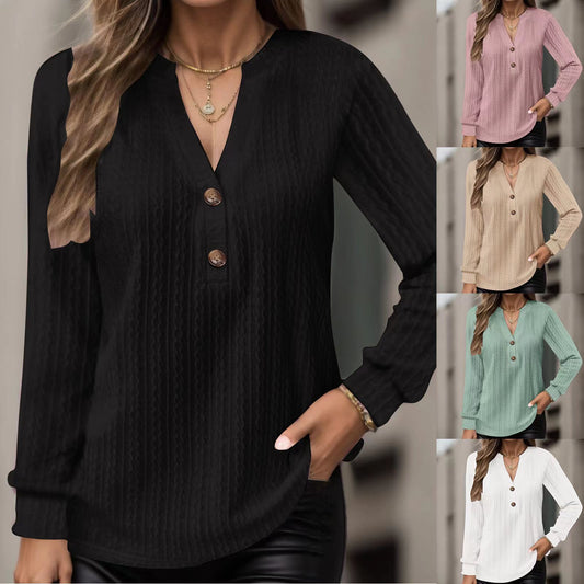 Women's Solid-color Long-sleeve V-neck Button T-shirt Top