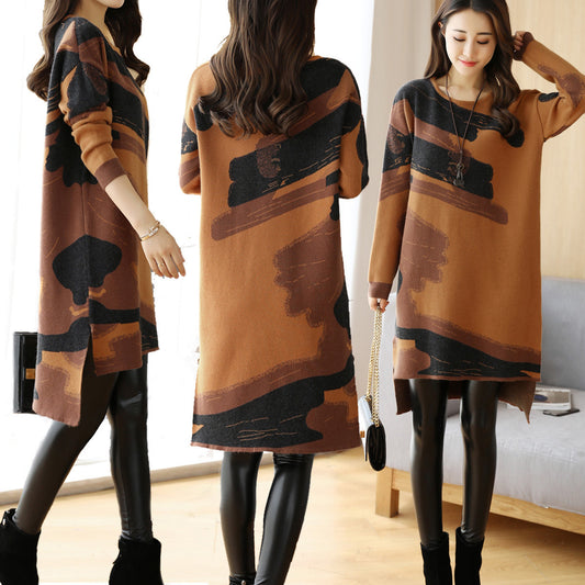 Mid-length base skirt women round neck long sleeve dress