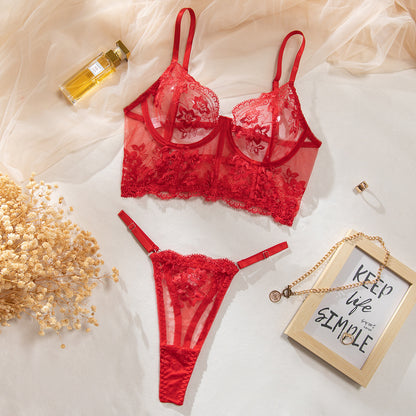 Sexy Perspective Embroidered Fishbone Bra Set