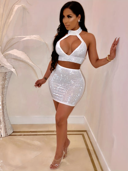 [Sexy Rhinestone Mini Dress] Sexy Rhinestone-Embellished Women's Two-Piece Mini Dress | Deep V-Neck, Stretchy High-Waisted Clubwear with Adjustable Spaghetti Straps, Glittery Sequin Detailing for Nightclub & Party Outfits, Su