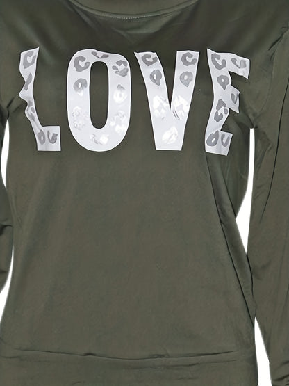 Women's Sports Two-piece Set, Love Letter Print Long Sleeve Top & Pants For Fall & Winter, Women's Clothing