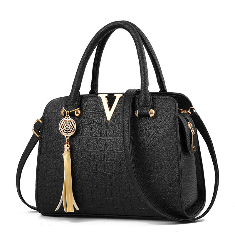 Crocodile Pattern Satchel Bag, Tassel Decor Double Handle Purse, Women's Shoulder Bag For Work