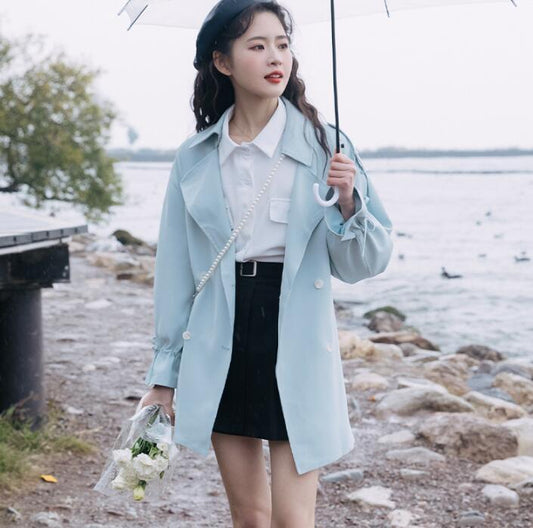Women's Senior British Style Blue Trench Coat