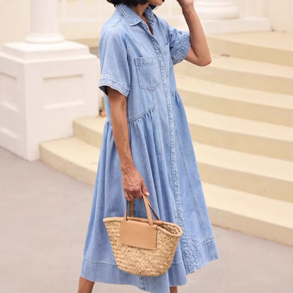 Fashionable Women's Turn-down Collar Denim Skirt With Pockets