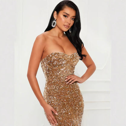 Women's Solid Color Strapless Zipper Velvet Sequin Bodycon Dress