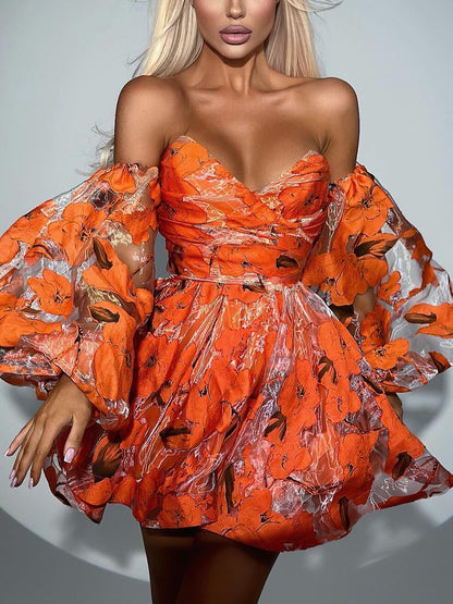 Elegant Floral Lantern Sleeve Off-The-Shoulder Mini Dress