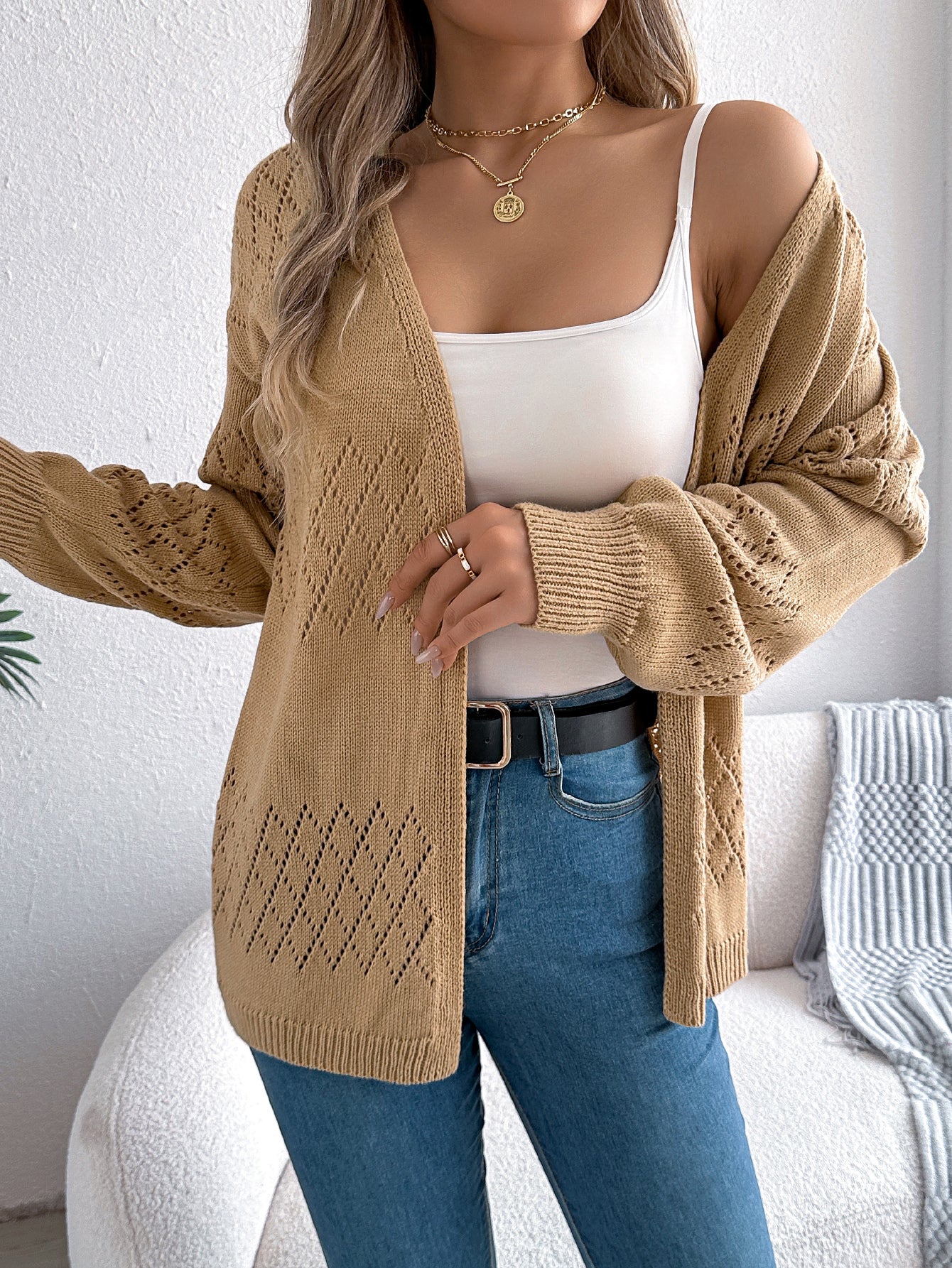 Women Casual Solid Color Hollow Out Lantern Sleeve Mid-Length Cardigan Sweater