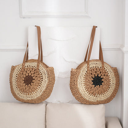 Women's Fashion Simple Multicolor Round Handmade Shoulder Straw Bag