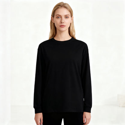 Solid-color Heavyweight Pure Cotton Crew-neck Long-sleeve T-shirt For Women