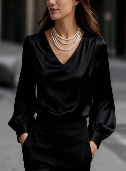 French-style Elegant And Sophisticated Satin Long-sleeve Blouse With Bubble Sleeves And A V-neck