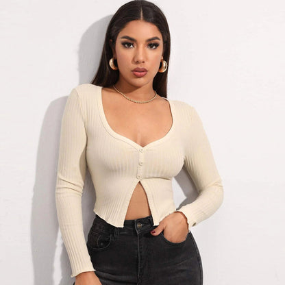 Short Sleeve Cropped Cardigan Top Sexy Button Knitted T Shirt