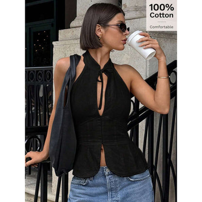 Women's Retro Lace-up Halter Neck Off-Shoulder Slim-fit Tank Top