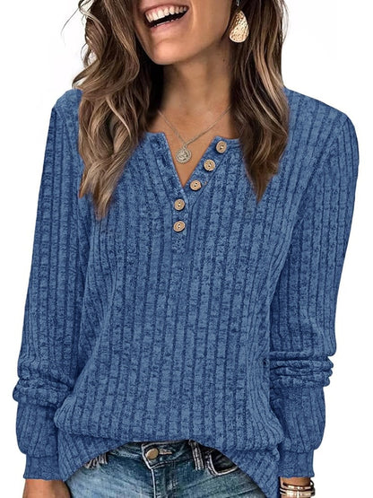 New Women's Round Neck Sunken Stripe Brushed Solid Color Button Stitching Solid Color T-shirt
