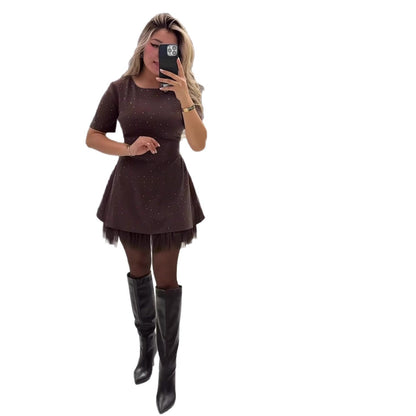 Women's Round Neck Short Sleeve Rhinestone Slimming Lace Trim Dress