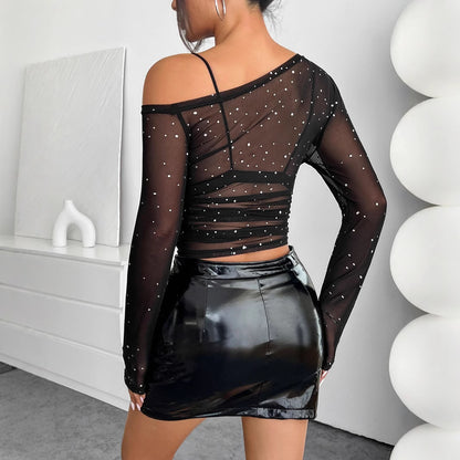New Elegant Women's Black Sequin Mesh Asymmetrical-neck Long-sleeve Top