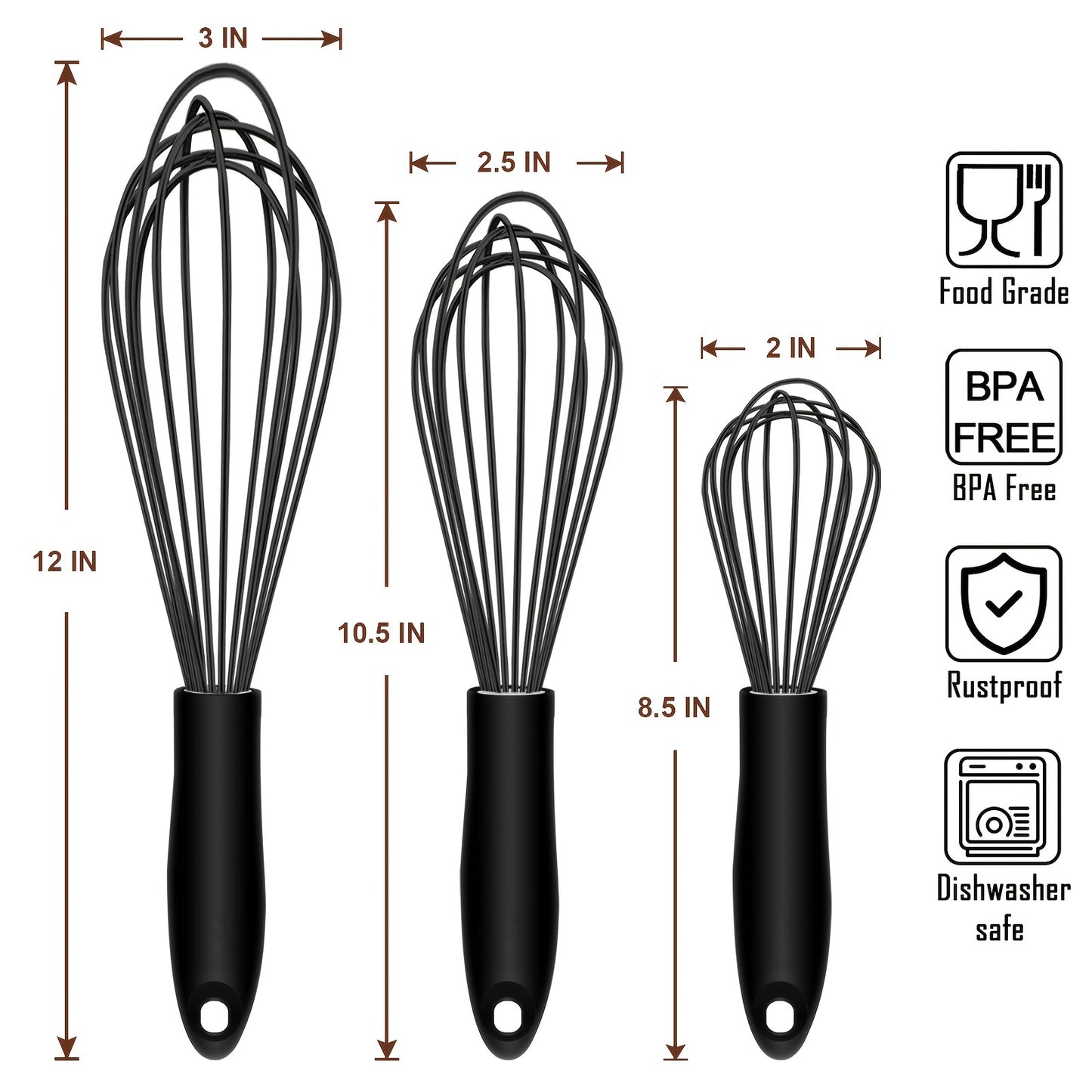3pcs Food Grade Silicone Whisk, Manual Egg Whisk Mixer, Egg Beater, Household Baking Tools, Kitchen Supplies