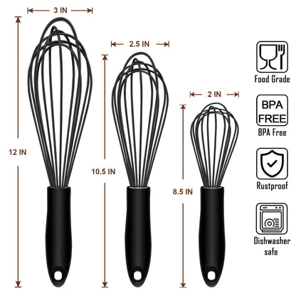 3pcs Food Grade Silicone Whisk, Manual Egg Whisk Mixer, Egg Beater, Household Baking Tools, Kitchen Supplies