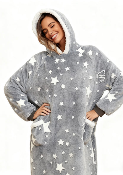 Oversized Wearable Hooded Blanket With Print Glow In The Dark Long Size Sherpa Warm Sweatshirt For Women