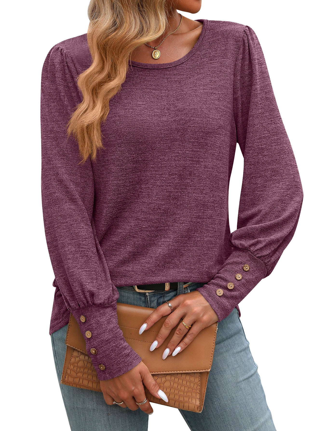 New Bubble-sleeve Crew-neck Button-up Long-sleeve Shirt