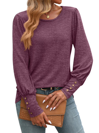 New Bubble-sleeve Crew-neck Button-up Long-sleeve Shirt