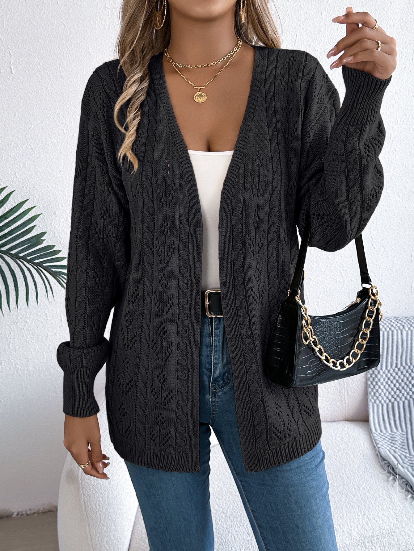 Women Casual Solid Color Hollow Out Long Sleeve Cardigan Sweater Coat