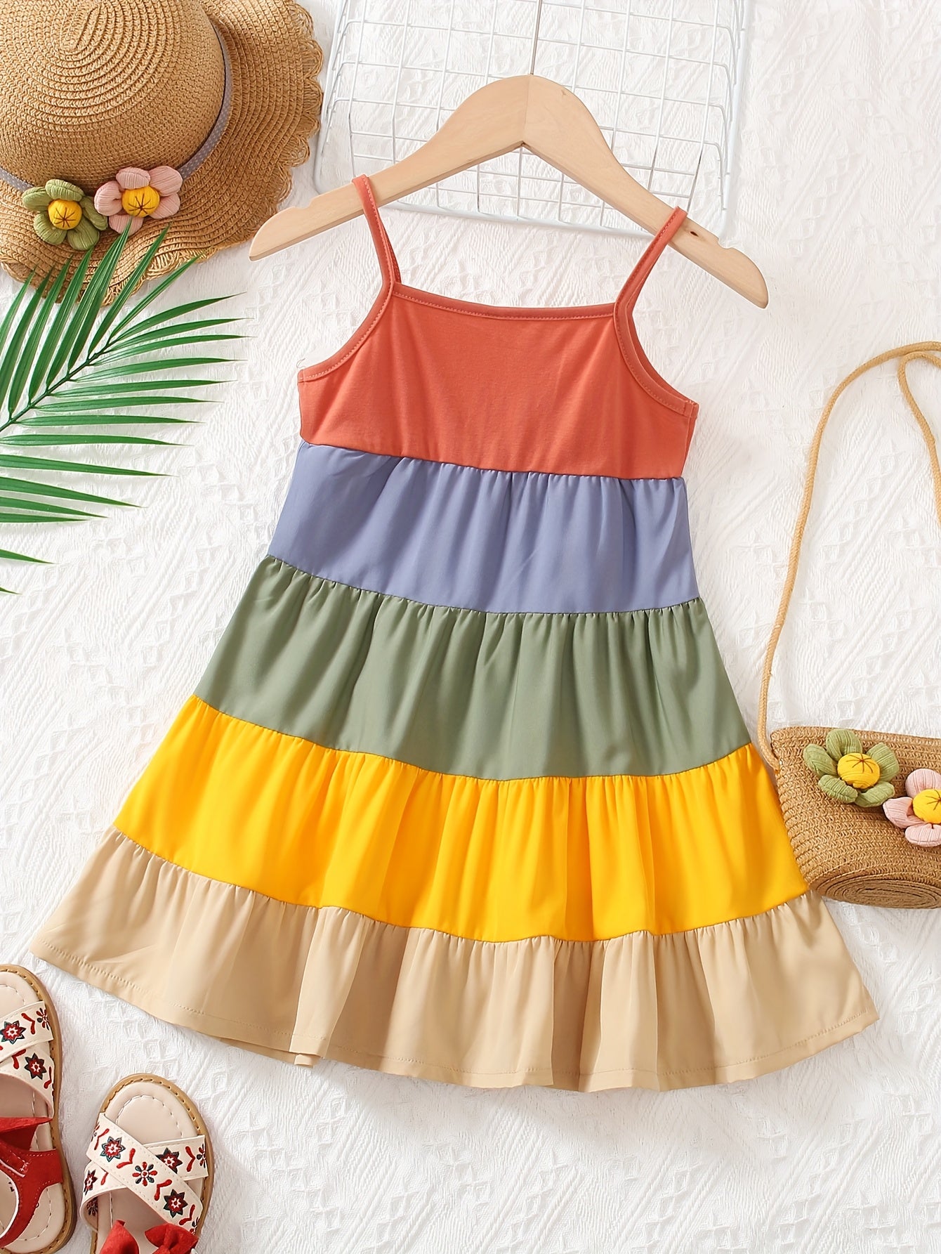 Girls' Spaghetti Strap Color-Blocked Rainbow Cake Dress - Perfect for Outdoor Occasions.