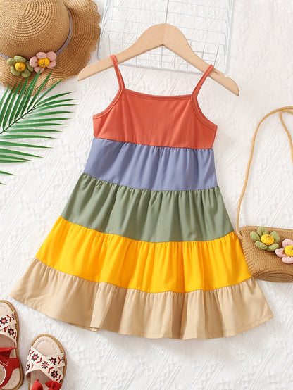 Girls' Spaghetti Strap Color-Blocked Rainbow Cake Dress - Perfect for Outdoor Occasions.