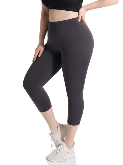 Women'S Plus Size Capri Leggings, High Waist Tummy Control, 4X Stretch, Pocket Detail, Solid Black, Knit Fabric, Polyester 92%, Spandex 8%, 210g/m², All Season Skinny Yoga Pants