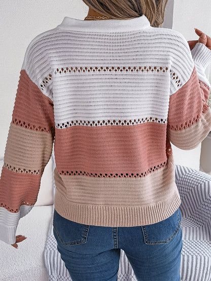 Women Casual Button V-Neck Hollow Out Color Block Lantern Sleeve Pullover Sweater