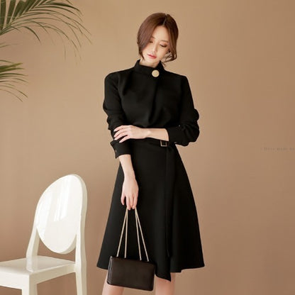 Long-sleeved waist slimming mid-length A-line skirt